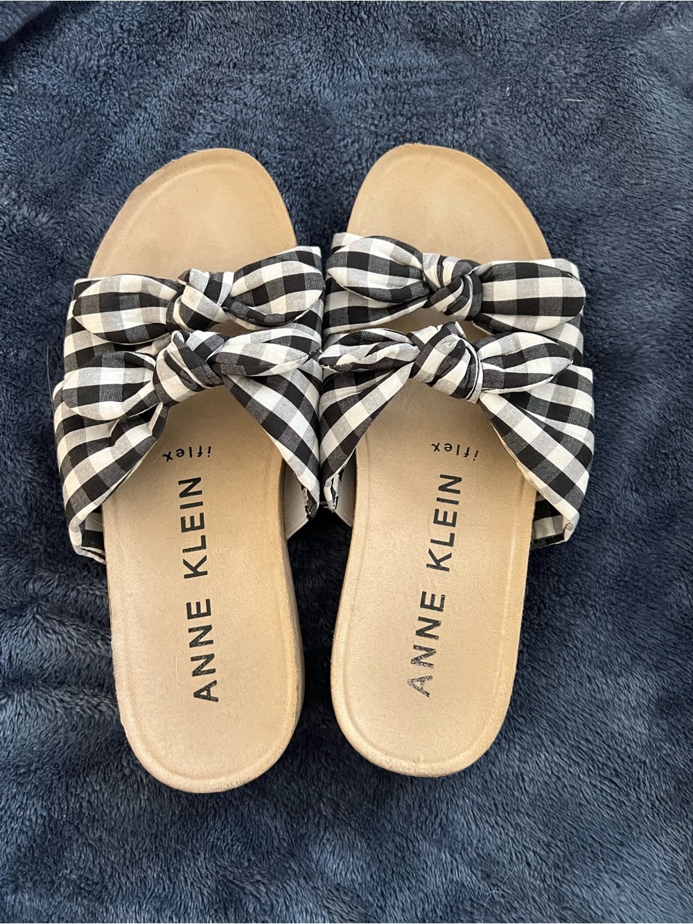 Anne Klein Black & White Gingham Knot Slide Mules